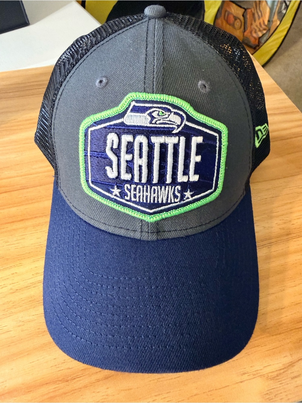 New Era Seattle Seahawks Navy, Gray & Neon Green Patch Trucker Hat